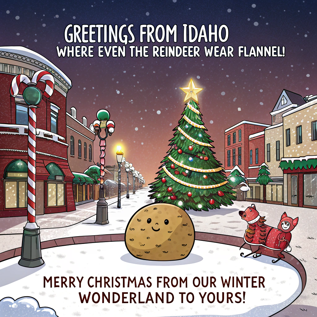 At the top of the image, "Greetings from Idaho – Where Even the Reindeer Wear Flannel!"  

At the bottom of the image, "Merry Christmas from Our Winter Wonderland to Yours!"  

— In the center, create a vibrant, bold, cartoon-style snowy Idaho town square lit up with twinkling fairy lights and giant candy canes lining the streets. A whimsical, oversized Christmas tree sparkles in the middle, topped with a glowing potato-shaped ornament. Playful reindeer in cozy red plaid shirts pull a tiny sleigh piled high with brightly wrapped presents, their hooves kicking up puffs of snow. Cute bokeh light effects scatter across the scene, with warm, glowing “Merry Christmas” script floating gently above the rooftops. The palette should be bright, vivid, and saturated with festive reds, greens, and golds.
Generated with these themes: CHRISTMAS , and .
Made with ❤️ by AI.