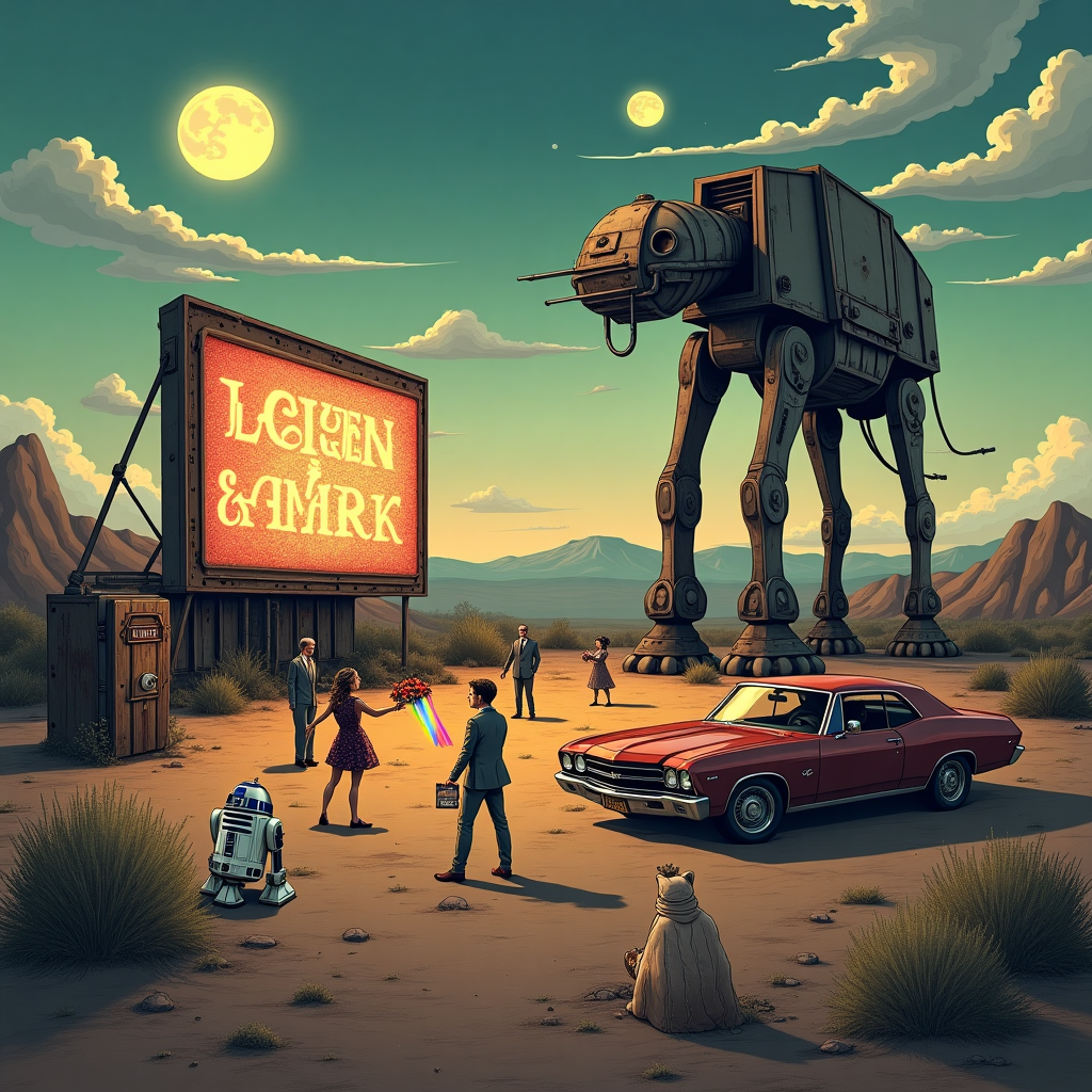 In the foreground of this surreal wedding-themed illustration, imagine a post-apocalyptic landscape inspired by the Fallout game. Rusty remnants of a pre-war civilization form a backdrop, with twisted metal and crumbling structures forming an intriguing, textured landscape. Centered is a beautifully dilapidated, yet somehow elegant, abandoned drive-in theater. Its screen, instead of showing a movie, displays the iconic opening crawl of Star Wars, but with a twist: it tells the love story of "Helen & Mark," their names sparkling as they cascade across the screen in shimmering stardust. 

Above this scene, two moons hang low in the sky, reminiscent of Tatooine, casting an ethereal glow across the landscape. Scattered around are small droids, reminiscent of Star Wars' BB units, joyfully decorating the rusted vehicles with flowers and ribbons, as if preparing for a celebration. On the left side, a vault door stands ajar, symbolizing new beginnings and adventure, adorned with a vintage "Just Married" sign. 

A small R2-D2 unit, charmingly draped in wedding garlands, projects a holographic bouquet, casting a rainbow spectrum across the scene. In the distance, a silhouetted AT-AT walker, converted into a whimsical treehouse-like structure, hosts a gathering of quirky, friendly Wastelanders and Star Wars characters mingling, as though attending a reception. A Behemoth holds a delicate lace parasol, while a Jawa offers a toast. 

The sky, painted in a dreamlike twilight, displays wispy clouds forming the words "Helen & Mark" in a fanciful script, as if scrawled by the wind itself. This fusion of imaginative elements from both Fallout and Star Wars weaves a captivating narrative celebrating love against a backdrop of hope and fantastical wonder.
Generated with these themes: Fallout game scene , and Star wars .
Made with ❤️ by AI.