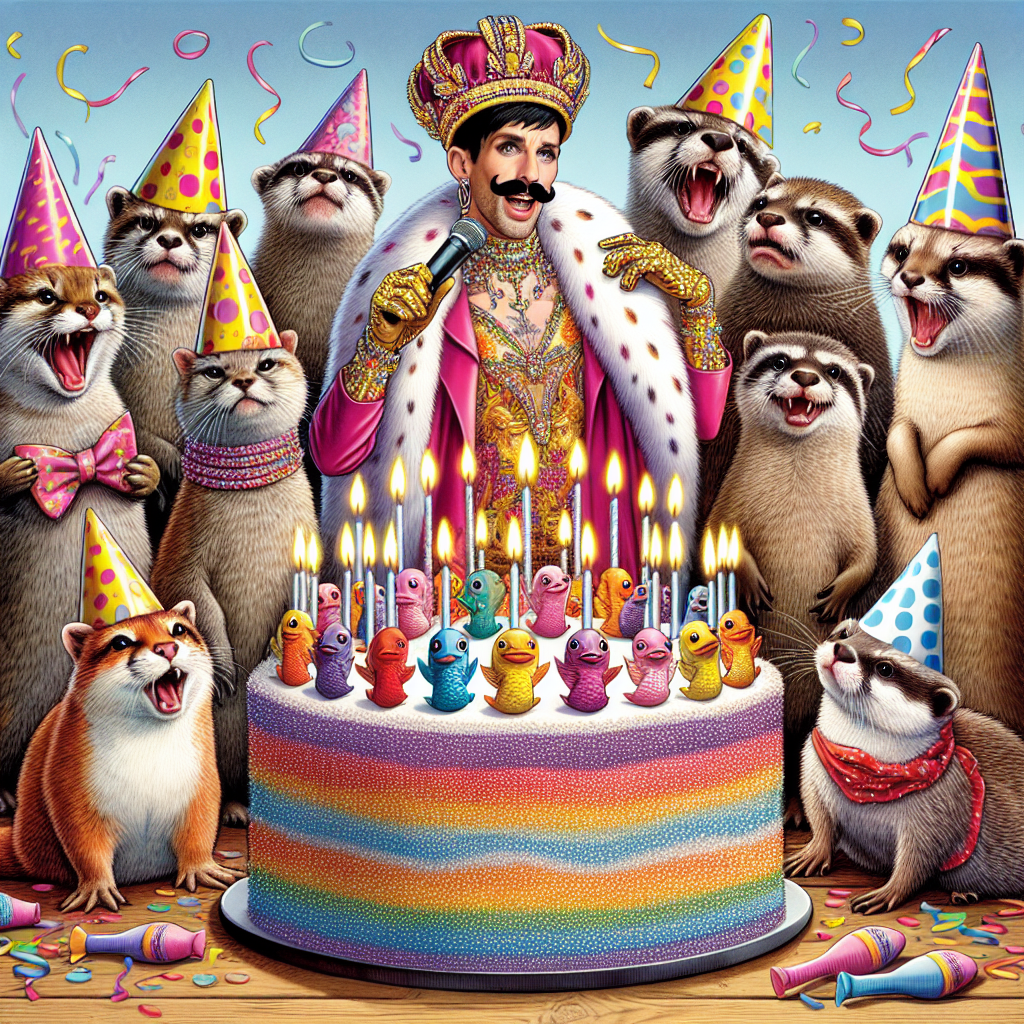 A fun and humorous birthday-themed illustration featuring a group of cats donning colourful party hats, gathered around an enormous birthday cake topped with delightful fish-shaped candles. In the background, playful otters wrapped in colourful streamers are mimicking renowned comical scenes with their expressive faces. At the chaos' epicenter, a flamboyantly dressed individual with a taste for the exotic, wearing a shimmering birthday crown, strikes a pose with a microphone, as if singing the 'Happy Birthday' song.
Generated with these themes: Cats, Memes, Otters, and Joe exotic.
Made with ❤️ by AI.
