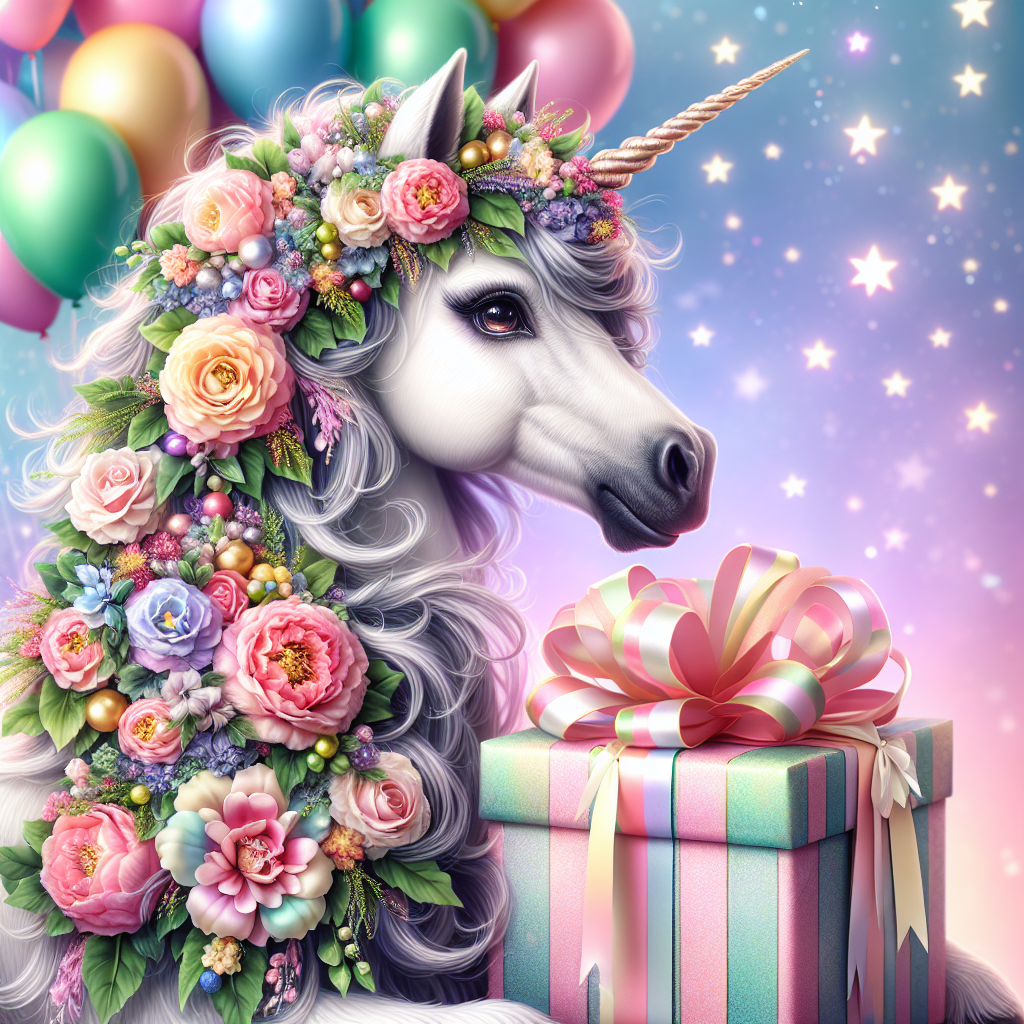 Create an enchanting birthday celebration scene. In this image, a captivating unicorn adorned with a lush cascade of flowers and festive ribbons is seen gently nudging forward a perfectly wrapped present. The unicorn's eyes twinkle brightly, matching the shimmer of stars twinkling overhead. In the backdrop, an assortment of vibrant balloons floats peacefully, adding to the charm and magic of the birthday ambiance.
Generated with these themes: Unicorn.
Made with ❤️ by AI.