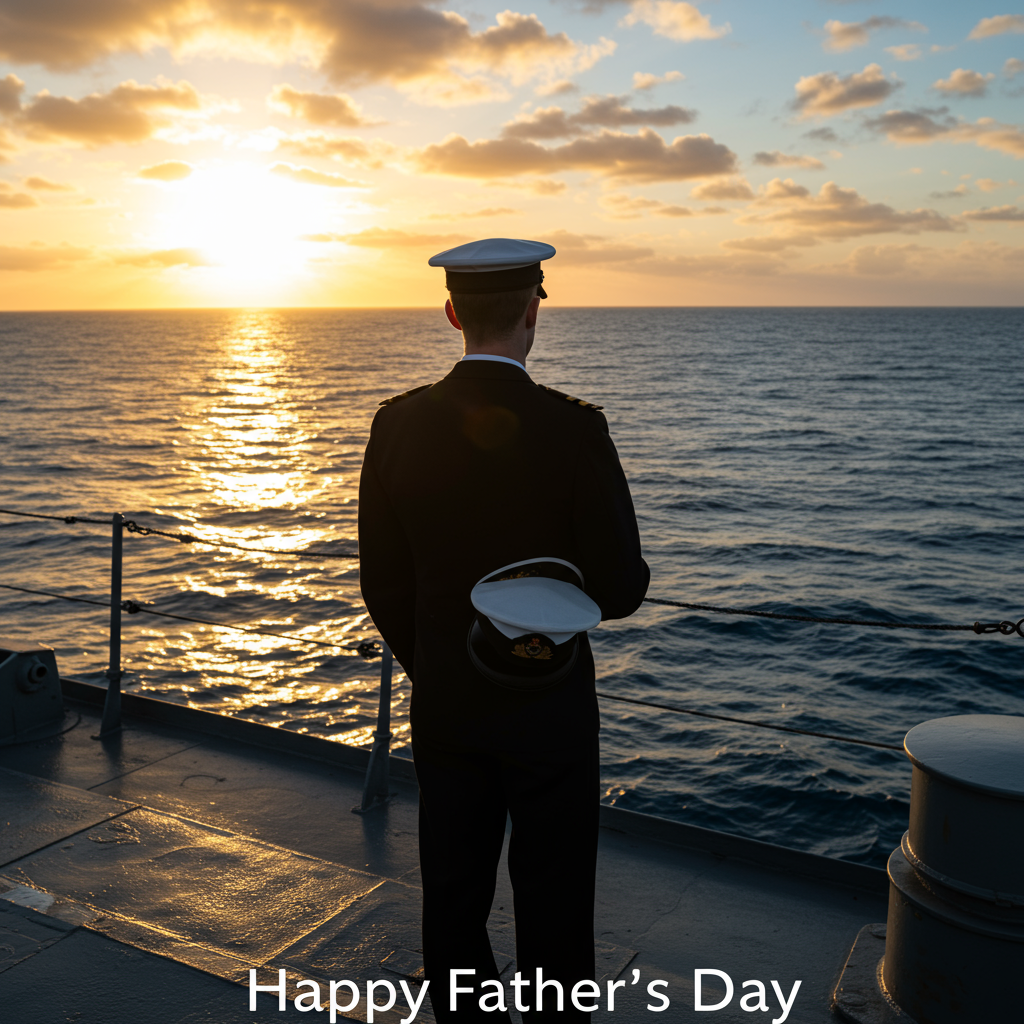 At the bottom of the Photorealistic picture taken from a camera image, the text reads: **Happy Father’s Day**

---

Imagine a breathtaking ultra-high-definition 4K UHD photograph capturing a moment filled with sincerity and depth. In the foreground, a navy crewman stands solemnly on the deck of HMS Coventry, his gaze cast towards the expansive, shimmering sea. He holds his navy sailor's cap gently against his chest, a gesture both respectful and thoughtful.

The scene is beautifully lit, with the warm, golden hues of the setting sun casting a gentle glow on the crewman's uniform and the ship's metal surfaces, enhancing every lifelike texture. The deep blues of the sea contrast vividly with the sky's fading colors, creating a rich depth of field that draws the viewer's eyes from the serene ocean to the horizon beyond.

This poignant and touching image perfectly embodies the essence of Father's Day, a moment of reflection and gratitude for the strong, guiding figures in our lives.
Generated with these themes: Hms coventry, An navy crewman who is looking out towards the sea from Hms Coventry while holding his navy sailors cap against his chest, and .
Made with ❤️ by AI.