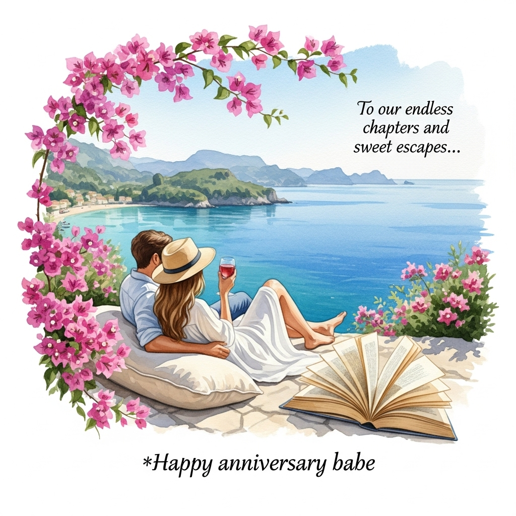 At the bottom of the Watercolor Style image, include the text: **Happy anniversary babe**

---

Visualize a romantic, tranquil scene set on the enchanting island of Corfu. In the foreground, capture a cozy outdoor nook where a couple lounges contentedly. The watercolor painting showcases the delicate interplay of sunlight and shadow, as they relax with a glass of wine in hand. The background reveals a stunning panorama of Corfu’s coastline, painted with soft blues and greens that seamlessly blend into the horizon. 

Near the couple, an open book rests invitingly, its pages gently catching the light breeze, hinting at a shared story or adventure. Include soft touches of blooming bougainvillea flowers, their vibrant pinks and purples contrasting beautifully against the serene seascape. The watercolor style infuses the scene with a dreamy, romantic atmosphere, capturing the essence of a perfect anniversary moment.

A whimsical touch: An ethereal message subtly blends into the scene, saying, "To our endless chapters and sweet escapes..."
Generated with these themes: Corfu, Glass of wine, relaxing, reading, and .
Made with ❤️ by AI.