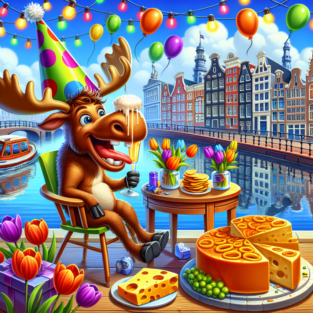 Illustrate a dynamic cartoon birthday party in the heart of a fictional city, inspired by Amsterdam's aesthetics. Include reflective canals under a cartoonish skyline, with imaginative lighthouses situated on cobblestone streets, their radiating beams dancing on the water surface. The main focus should be a gleeful moose wearing a vibrant party hat, sitting in a chair festooned with multicolored tulips, raising a glass of frothy beer. A nearby table should be laden with circular cheese wheels and piles of crispy nachos, suggesting a sense of merry festivity and rapture.
Generated with these themes: Amsterdam , Netherlands , Beer, Cheese, Nachos, Lighthouse , Moose, and Chairs.
Made with ❤️ by AI.